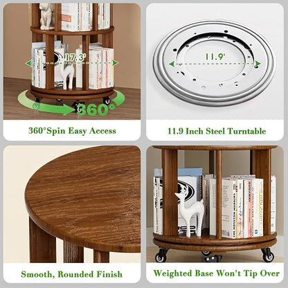 6 Tier Rotating Solid Wood Bookshelf, Corner Small Bookshelf Lazy Susan Organizer,Circular Rotating Spinning Bookshelf on Wheels, Revolving 360° Bookshelf for Small Spaces for Bedroom