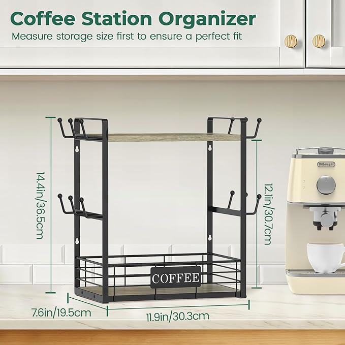 EsLuker.ly Coffee Mug Cup Holder Stand Bar Station Organizer for Countertop, Multi-Functional 2 Tier Mug Tree Rack for Kitchen, Storage Shelf with 12 Hooks, Grey Oak-Black(Patented Design)