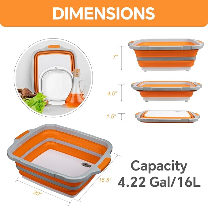 Collapsible BBQ Prep Tub for Meal Prep, Marinating, and Food Storage - Includes Cutting Board and Locking Lid,Ideal Gifts for Christmas,Dad,mother (X-Large) Orange