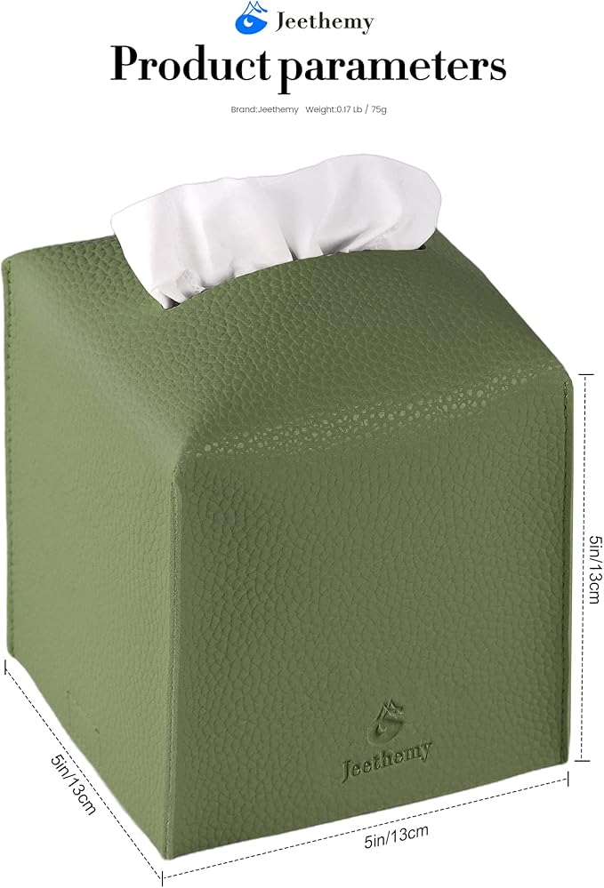 Tissue Box Cover, Jeethemy Square PU Leather Tissue Box Holder, Modern Tissue Case Facial Paper Organizer Dispenser，5X5X5'',Double Green