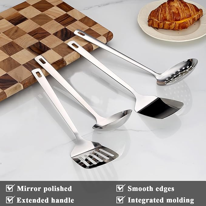 ReaNea Stainless Steel Kitchen Utensils Set, 4-Piece – Slotted Turner, Solid Turner, Skimmer & Ladle – Rust-Resistant, Long Handle, Hanging Loop, Dishwasher Safe – Everyday Cooking & Serving