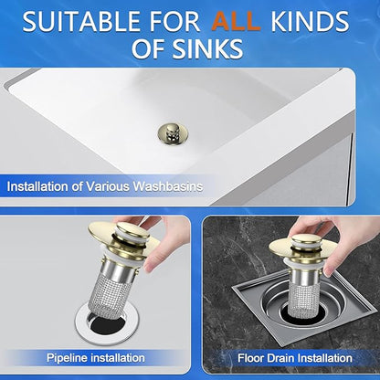 Sink Stopper Hair Catcher, Pop-up Sink Drain Strainer with Removable Stainless Steel Strainer Basket Hair Catcher, Bathroom Sink Strainer for Bathroom Sink Stopper Replacement (3, Brushed Gold)
