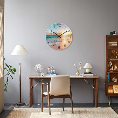Beach Wall Clock Battery Operated 12 Inch Glass Wall Clock Non Ticking Analog Blue Wall Clocks for Bedroom Living Room Office Decor