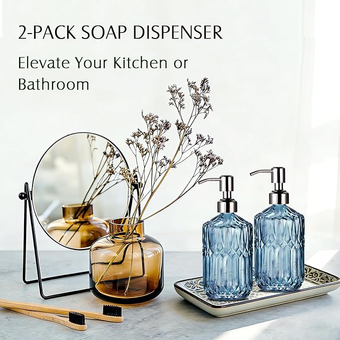 COHOSEGE 17 Oz Blue Glass Kitchen Soap Dispenser for Dish Soap, 2 Pack Bathroom Soap Dispenser Set with Silvery Rust Proof Pump for Lotion, Hand soap or Body Wash