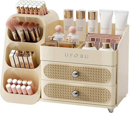 Makeup Organizer for Vanity with Brush Holder, Countertop Skincare Organizer with 2 Drawers, Spacious Cosmetic Display Case for Perfumes, Eyeshadow Palettes, Nail Polishes