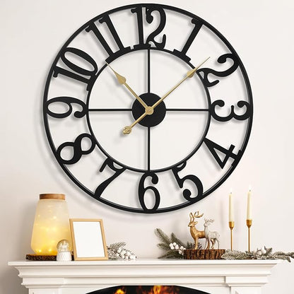 LEIKE Large Wall Clocks for Living Room,Silent,Non Ticking,Battery Operated Oversized Vintage Round Modern Metal Wall Clock for Bedroom,Farmhouse,Office Home Decor-24 Inch(Black-Arabic Number)