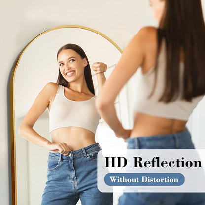NEWBULIG Arched Mirror Full Length, 58"x19" Body Wall Mirrors with Shatter-Proof Glass, Upgraded Floor Standing Mirror, Hanging or Leaning, with Stand Aluminum Alloy Frame for Home Decor, Gold