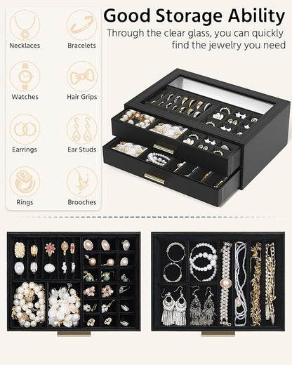 AKOZLIN Jewelry Box with Clear Lid Functional Leather Jewelry Storage Organizer Case 2 Drawers for Women Girls Necklace Ring Bracelet Earring