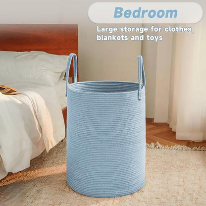 JMvicyroam Large Woven Laundry Basket Hamper,100L Cotton Rope Storage Bin for Blankets,Toys and Clothes,Decorative Tall Nursery Hamper for Living Room,Baby Nursery,Bathroom and Bedroom,Blue