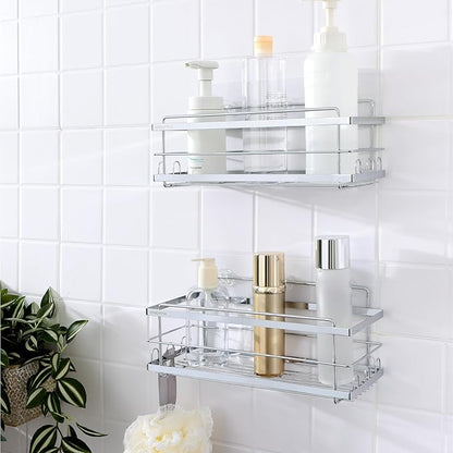KINCMAX Iron Shower Caddies - Self Adhesive Bathroom Shelves for Showers - Wall Organizer Shampoo Holder Shelf - Peel and Stick On Caddy Bath Tub Rack - Pack of 2 Holders - Silver
