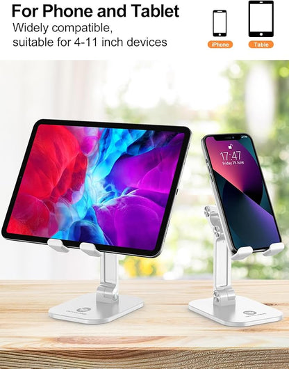 OCYCLONE Phone Stand, Adjustable Height and Angle Foldable Cell Phone Stand Holder for Desk, Taller iPhone Stand Compatible with 4.7"-13" Smartphones iPad Tablet, White