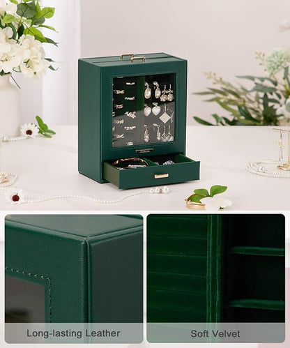 Homde Jewelry Organizer Girls Women Jewelry Box for Necklaces Rings Earrings Gift Bracelets Storage Case (Forest Green + Gold)