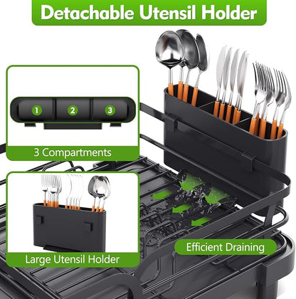 TOOLF Dish Drying Rack, Expandable Dish Racks for Kitchen Counter, Stainless Steel Dish Drainer with Drainboard Set & Cutlery Holder, Rust-Proof, 13.7“-20.5”L x 12.8“W, Black