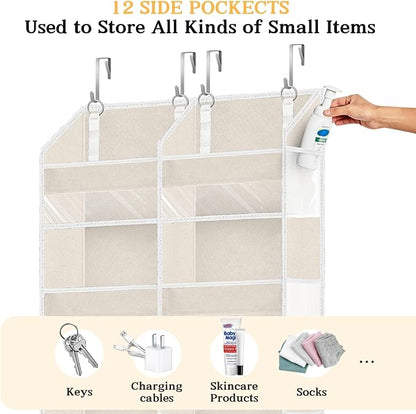 2 Pack Over The Door Organizer 6 Tiers, Extra Large Behind Door Storage of 12 Compartments, 80 lbs Weight Capacity Hanging Storage Organizer with Clear Window Kids Toys,Shoes (6 Tiers - Beige)