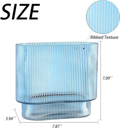 Ribbed Glass Vase, Blue Glass Vase, Fluted Short Vases for Flowers, Modern Vases for Living Room, Dining Room, Bathroom, Desk, Shelf, Wedding, Office, 7 Inches