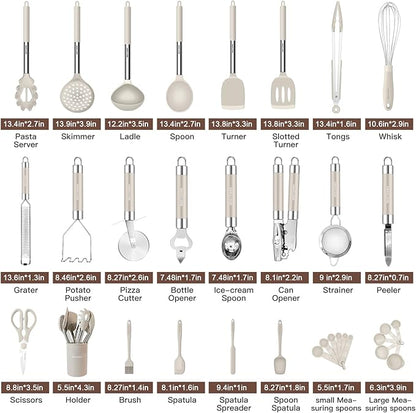 Kitchen Utensils Set-Silicone Cooking Utensils-33pcs Non-Stick Silicone Cooking Kitchen Utensils Spatula Set with Holder-Best Kitchen Cookware with Stainless Steel Handle (Khaki)