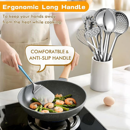 9 Pcs Cooking Utensils Set, Stainless Steel Kitchen Utensils, Heat Resistant Metal Kitchen Tools Include Solid & Slotted Spatula, Serving Spoon, Ladle, Pasta Server,Potato Maseher, Egg Whisk, Silver