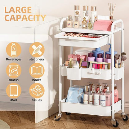 3 Tier Metal Rolling Utility Cart with Drawer & Lockable Wheels - Heavy Duty Multifunctional Storage Organizer with 2 Cups and 4 Hooks for Bathroom, Kitchen, Snack, Craft, Makeup, Baby Essentials
