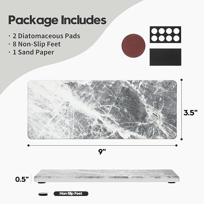 Razborci 2PCS Bathroom Sink Vanity Trays, Water Absorbing Diatomite Stone Quick Drying Mat for Kitchen Counter, Dish Rack Dispenser Sponge Holder Caddy Organizer, Marble Crack, 9"x3.5"