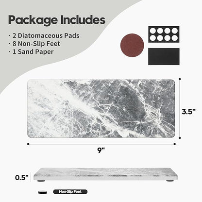 Razborci 2PCS Bathroom Sink Vanity Trays, Water Absorbing Diatomite Stone Quick Drying Mat for Kitchen Counter, Dish Rack Dispenser Sponge Holder Caddy Organizer, Marble Crack, 9"x3.5"