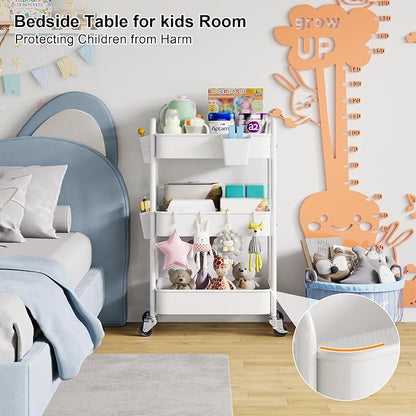3 Tier Rolling Cart Metal with Wheels, White Three Tiered Craft Cart Organizer on Wheels, Storage Utility Carts for Art, Baby Nursery,Diaper Caddy, Cleaning Supplies, Nail,Lash,Snack,Book,Roller Shelf