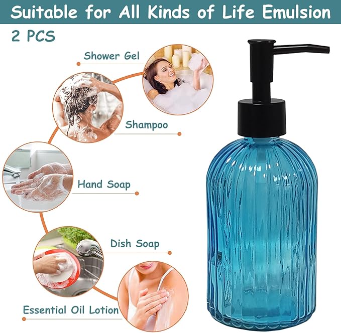 YYTSGG Blue Glass Soap Dispenser Set with Black Pump, 13.5oz Refillable Liquid Hand Soap Dispenser, Lotion Dish Soap Dispenser for Modern Home Decor, Kitchen Countertop, Bathroom, Hotel(2 Pack)
