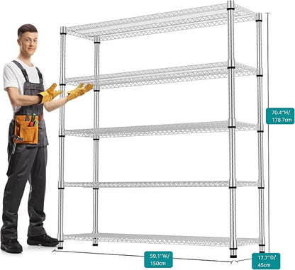 M MZG 5 Tiers Shelf 3300 lbs Steel Storage Shelving Utility Shelving Unit Steel Organizer Wire Rack for Home,Kitchen,Office,Garage Chrome 17.7" D x 47.2" W x 70.3" H