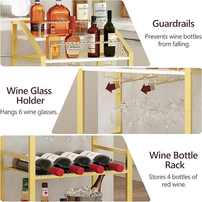 Bar Cart with Mirrored Shelf, Serving Cart for Home, Drink Cart with Wine Rack, Rolling Kitchen Cart with Wheels, Glass Holder, for Kitchen, Dining Room, Gold and White RCJW67M01