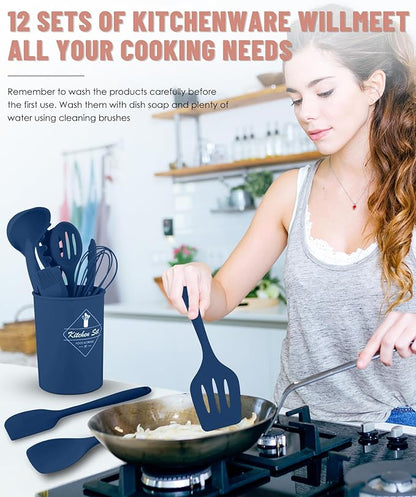 Kitchen Utensils Set-12 Pieces Silicone Cooking Utensils Set (Dishwasher Safe) 392°F Heat Resistant Spatula Set,Kitchen Utensil Set for Nonstick Cookware,Best Kitchen Tools with Holder