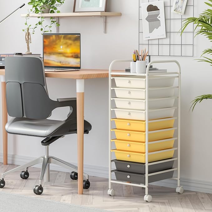 RELAX4LIFE 10 Drawer Rolling Cart, Slim Storage Cart w/Lockable Wheels for Classroom School Teacher Office, Art Supplies Paper Scrapbook Craft Organizers, Utility Cart with Drawers (Yellow)