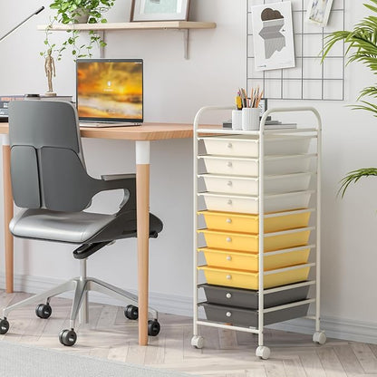 RELAX4LIFE 10 Drawer Rolling Cart, Slim Storage Cart w/Lockable Wheels for Classroom School Teacher Office, Art Supplies Paper Scrapbook Craft Organizers, Utility Cart with Drawers (Yellow)