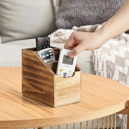 Remote Control Holder, TV Remote Holder, Wood Farmhouse Remote Caddy for Table, Remote Organizer Caddy with 3 Slots, Remote Storage Box for Home Office, Burnt Wood