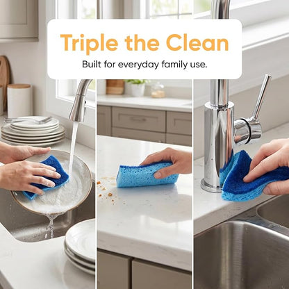 Superio Non-Scratch Cellulose Sponge Scrub (12-Pack) Heavy Duty Kitchen Sponges Scrubbers with Scouring Pad (Blue)
