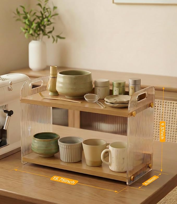 2 Tier Coffee Station Organizer - Acrylic & Pine Wood coffee bar shelf, Easy-to-Clean matcha station for Kitchen Countertops, for Placing Mugs, Coffee Beans, Syrup, Cups etc.(15.75" x6.18" x 9.37")