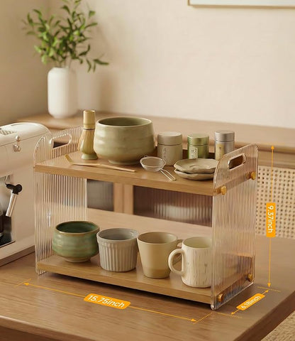 2 Tier Coffee Station Organizer - Acrylic & Pine Wood coffee bar shelf, Easy-to-Clean matcha station for Kitchen Countertops, for Placing Mugs, Coffee Beans, Syrup, Cups etc.(15.75" x6.18" x 9.37")