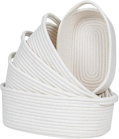 CubesLand Small Woven Rope Toys Basket for Organizing Set 5, Shelves Closet Storage Bins, Empty Gift Baby Shower Basket Also Perfect for Toilet Paper Storage, Organizer Bins Off White