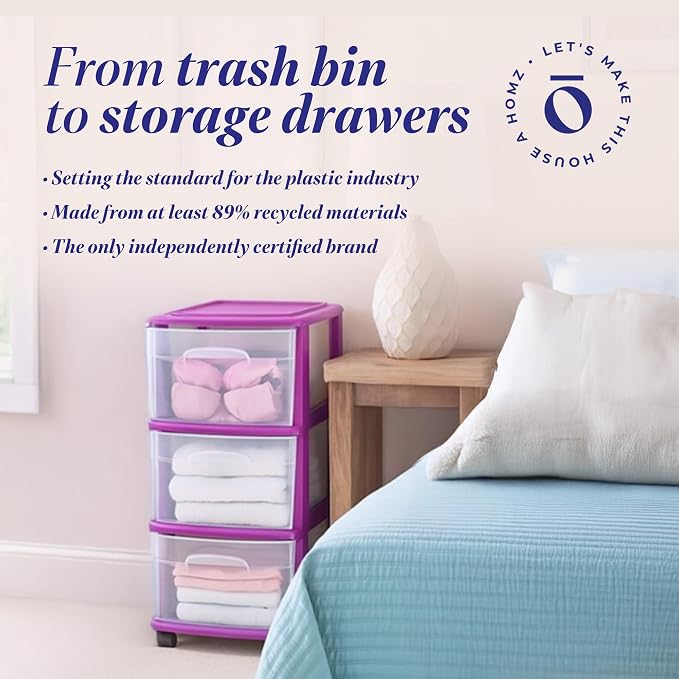 HOMZ 3-Drawer Storage Cart, Plastic Home and Office Organizer, Purple Frame