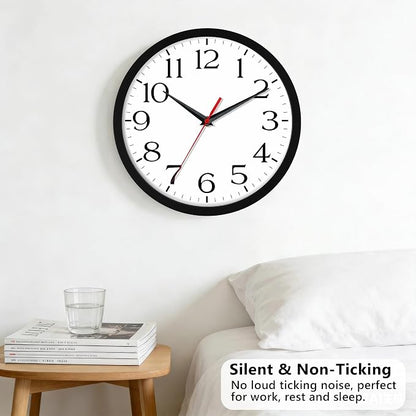 DAXSMY 12 Inch Wall Clock - Battery Operated, Silent Non-Ticking Analog Sweep Movement - Easy to Read Numbers for Home, Office, Kitchen, Classroom (Black)