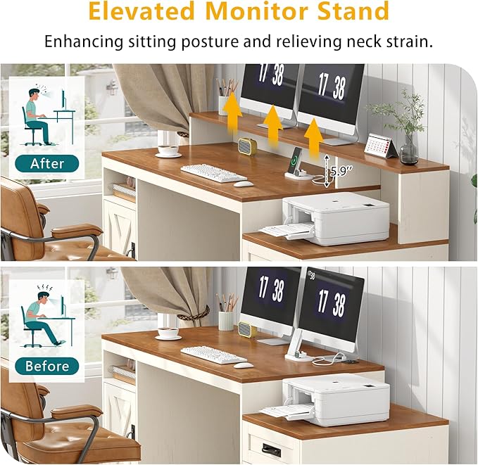 TVU Farmhouse Computer Desk with Drawers, 65'' Home Office Desk with Power Outlets, Storage Cabinet and Printer Stand, Study Writing Desks with Long Monitor Stand, Brown and White
