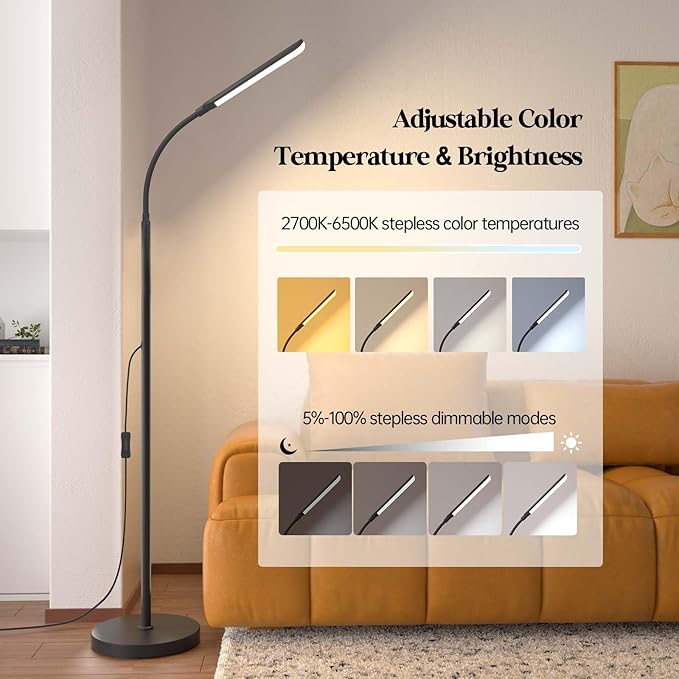 LED Floor Lamp, 18W Super Bright Floor Lamp for Living Room, Adjustable Stepless Colors & Brightness Standing Lamp, Eye Caring Reading Light with Remote