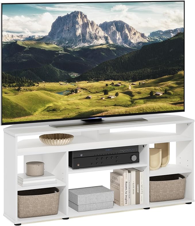 Furinno BESI TV Stand, No Tools Assembly Industrial Style Entertainment Center, TV Console for TV up to 46 Inch, for Living Room, Bedroom, White