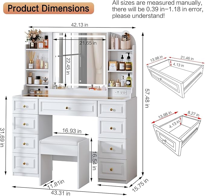 43" Makeup Vanity Desk with Mirror and Lights, & Power Outl, Glass Top Big Vanity Table with 9 Drawers& 8 Storage Shelves, Dressing Table Set with Chair for Bedroom, White