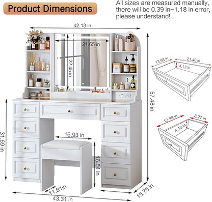 43" Makeup Vanity Desk with Mirror and Lights, & Power Outl, Glass Top Big Vanity Table with 9 Drawers& 8 Storage Shelves, Dressing Table Set with Chair for Bedroom, White