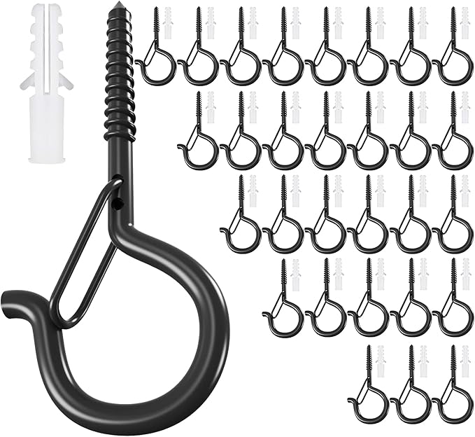 18 Pack Q-Hanger Light Hooks,Wall Cabinet Ceiling Hooks Screw Hooks for Outdoor String Lights, Wire, Plants,Wind Chimes, Holiday Party Decoration Hanging,Safety Buckle Design