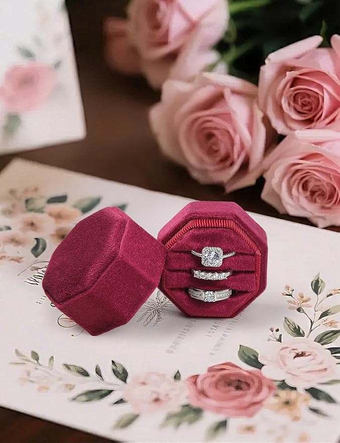 Velvet Ring Box, 3 Slots Wedding Ring Box, Vintage Octagon Premium Jewelry Display Holder Gift Box with Detachable Lid for Engagement Wedding Box Keepsake Box Bridal Photo