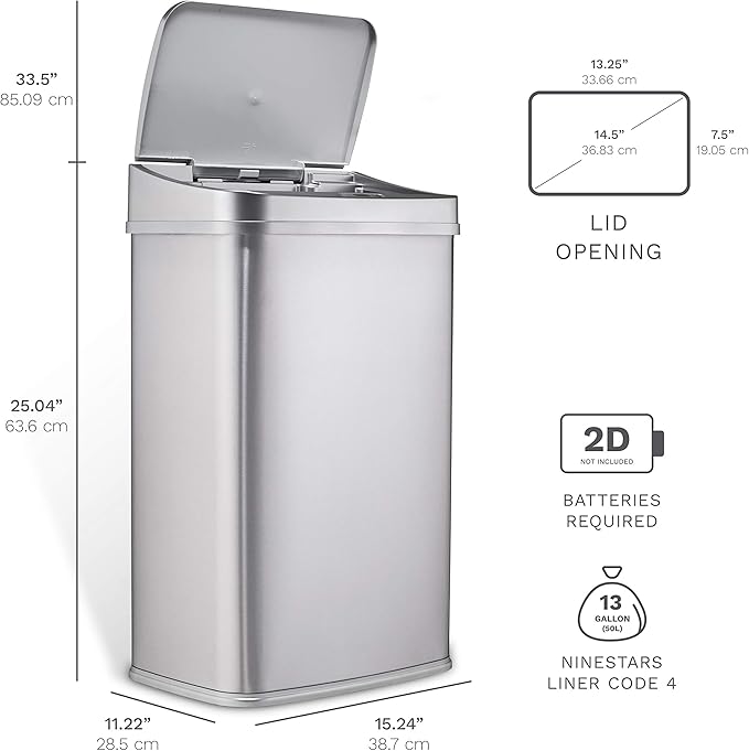Ninestars Automatic Touchless Motion Sensor Rectangular Trash Can 13.2 Gallons, 50L, Silver, 13 Gal. 50 L, Silver Trim