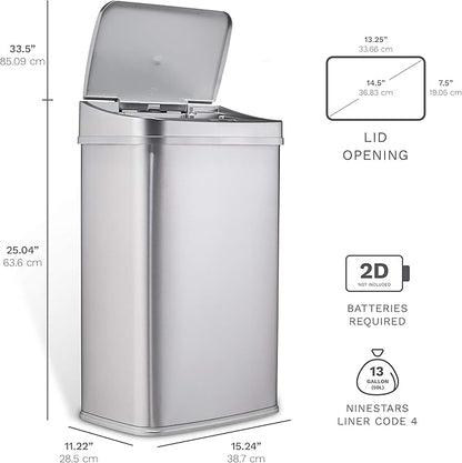 Ninestars Automatic Touchless Motion Sensor Rectangular Trash Can 13.2 Gallons, 50L, Silver, 13 Gal. 50 L, Silver Trim