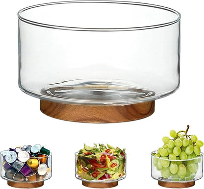 Coffee Pod Holder, Glass Salad Bowl with Acacia Wood Base, Large Capacity K Cup Organizer for Kcup Creamer Storage, Espresso Capsule Holder Coffee Bar Accessories（ 7 Inch，1 Pack ）