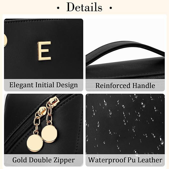 Valentines Day Gifts for Women Teen Girl, Personalized Initial Makeup Organizer Bag Set, Open Flat Travel Cosmetic Bag With Clear Divider and Handle(Black,E)