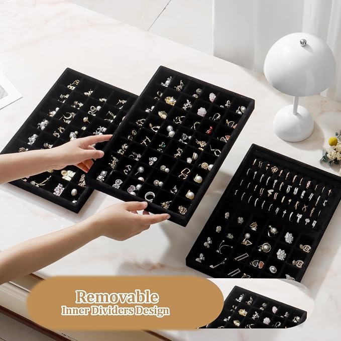 Large Velvet Jewelry Tray 2 Pack Stackable Jewelry Display Drawer Inserts Trays Organizer for Earring Bracelet Necklace Ring (Black, 48 Grids)